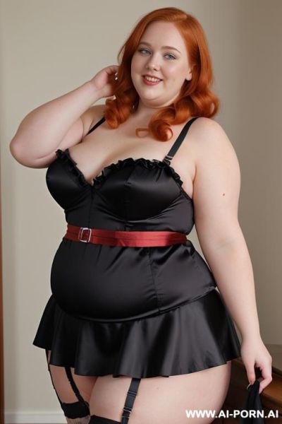 Half body photo shot close up. a ((british obese fat bbw redhead)), ((thick with love handless)). ((wearing a black and blue sexy and hot garter bride party belt lingerie, and a dark-red ruffle silk micro-skirt)). she is smiling - ai-porn.ai - Britain on pornsimulated.com