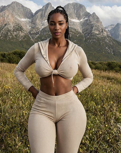 Athletic black girl removes her clothes while out in a field by the mountains - pornpics.com on pornsimulated.com