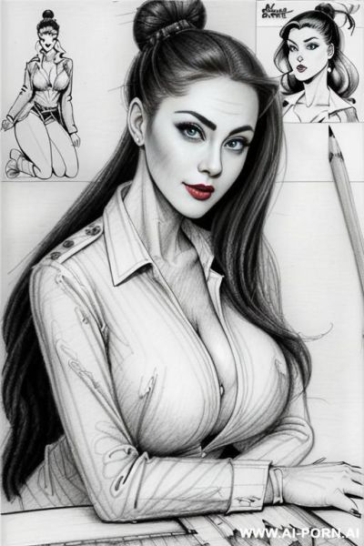 ((((in two panels))) ((((each panel a different pose sexy)))) ((((image comic-drawing pencil style)))) down level shot boobs in closedup ((((landscape office)))) ((((office woman)))) ((((siting on descktop - ai-porn.ai - Italy on pornsimulated.com