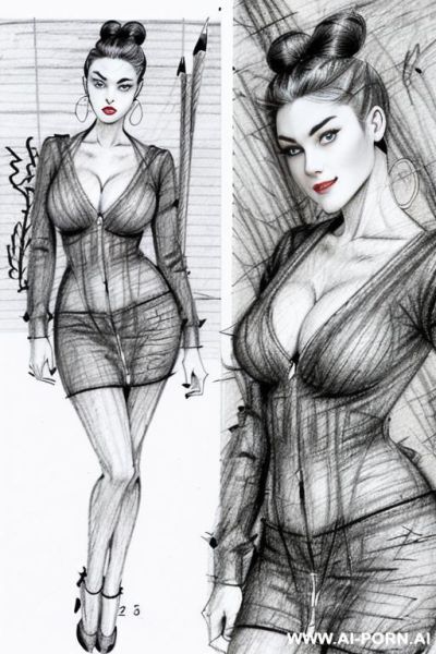 ((((in two panels))) ((((each panel a different pose sexy)))) ((((image comic-drawing pencil style)))) down level shot boobs in closedup ((((landscape office)))) ((((talking office woman)))) ((((seductive - ai-porn.ai - Italy on pornsimulated.com