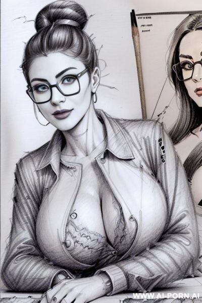 ((((on different panels))) ((((each panel a different pose sexy)))) ((((image comic-drawing pencil style)))) down level shot boobs in closedup ((((landscape office)))) ((((office woman)))) ((((siting on - ai-porn.ai - Italy on pornsimulated.com
