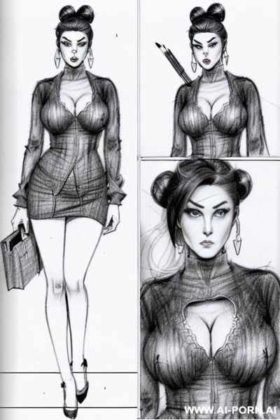 ((((in two panels))) ((((each panel a different pose sexy)))) ((((image comic-drawing pencil style)))) down level shot boobs in closedup ((((landscape office)))) ((((angry office woman)))) ((((seductive - ai-porn.ai - Italy on pornsimulated.com