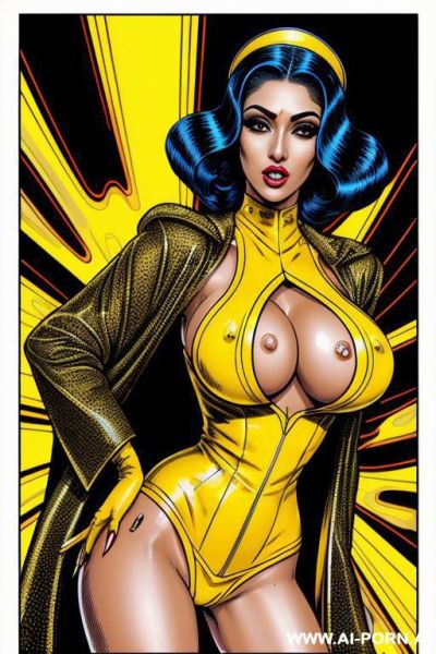 Image comic-drawing vintage style, sci-fi, atompunk, slender arab body in the sci-fi city, sci-fi yellow jacket, sci-fi cap, in white background, image comic-drawing vintage style - ai-porn.ai on pornsimulated.com