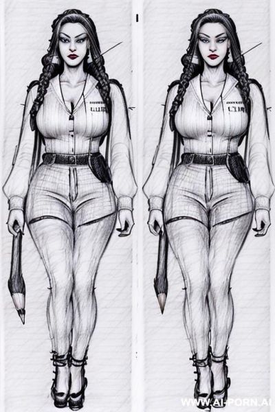 ((((full body shot)))) ((((in two panels))) ((((each panel a different pose sexy)))) ((((image comic-drawing pencil style)))) down level shot ((((landscape office)))) ((((security guard)))) ((((walking sexy - ai-porn.ai - Italy on pornsimulated.com