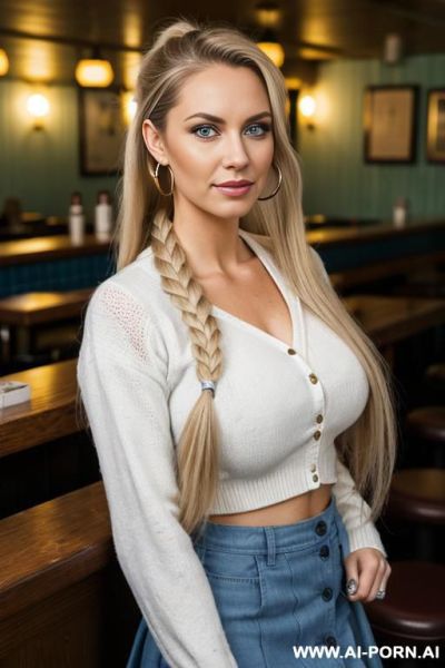 A woman with long blonde hair in a ponytail and cup size d breasts. she has a round face, a seductive look, a nose, blue eyes, straight eyebrows, smokey eyeshadow and giant hoop earrings. - ai-porn.ai on pornsimulated.com