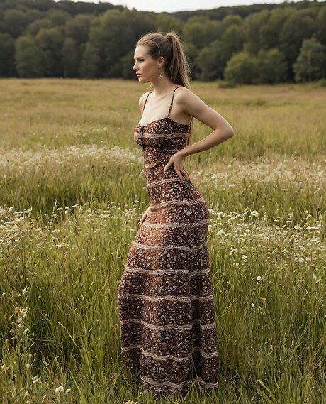 Solo girl removes her dress and lingerie to go nude in a field of wildflowers - pornpics.com on pornsimulated.com